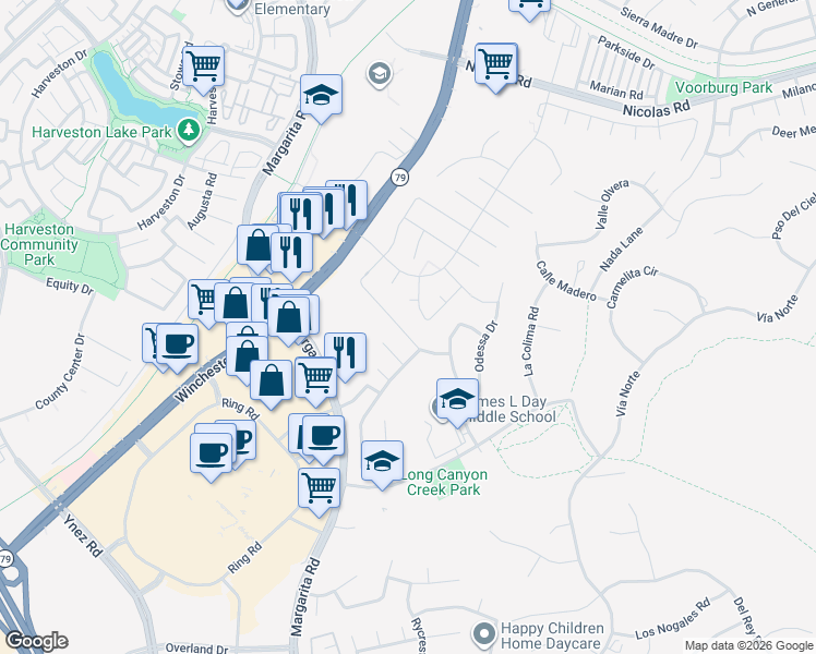 map of restaurants, bars, coffee shops, grocery stores, and more near 27552 Stanford Drive in Temecula