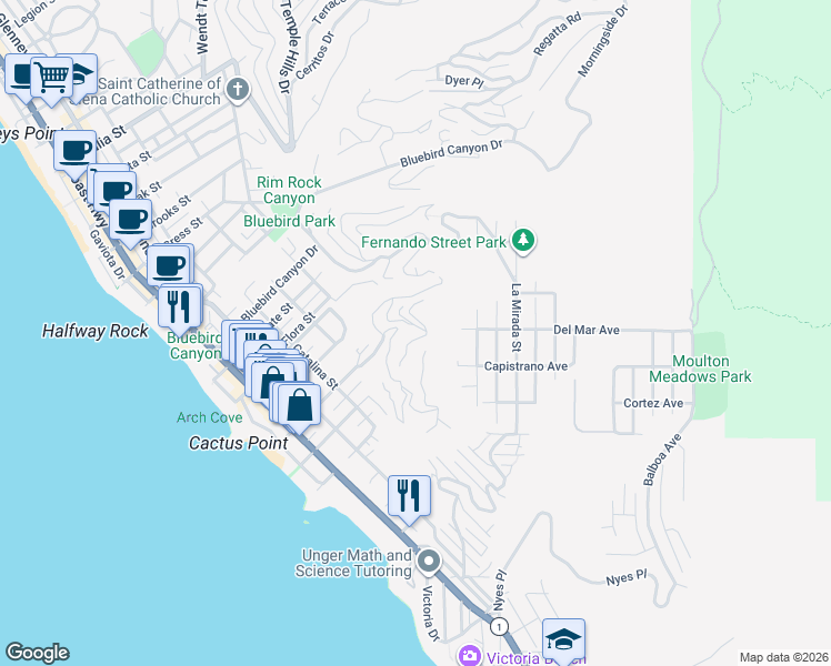 map of restaurants, bars, coffee shops, grocery stores, and more near 803 Gainsborough Drive in Laguna Beach