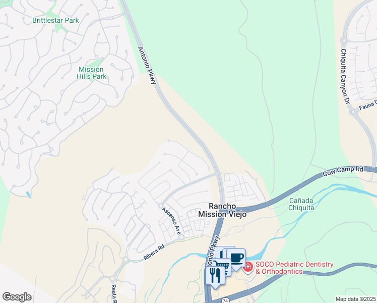 map of restaurants, bars, coffee shops, grocery stores, and more near Corazon Street in Rancho Mission Viejo