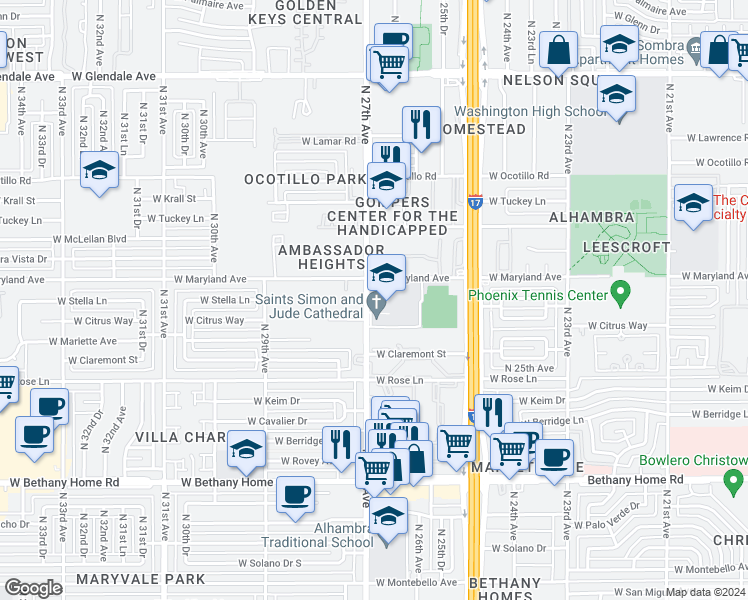 map of restaurants, bars, coffee shops, grocery stores, and more near 6351 North 27th Avenue in Phoenix