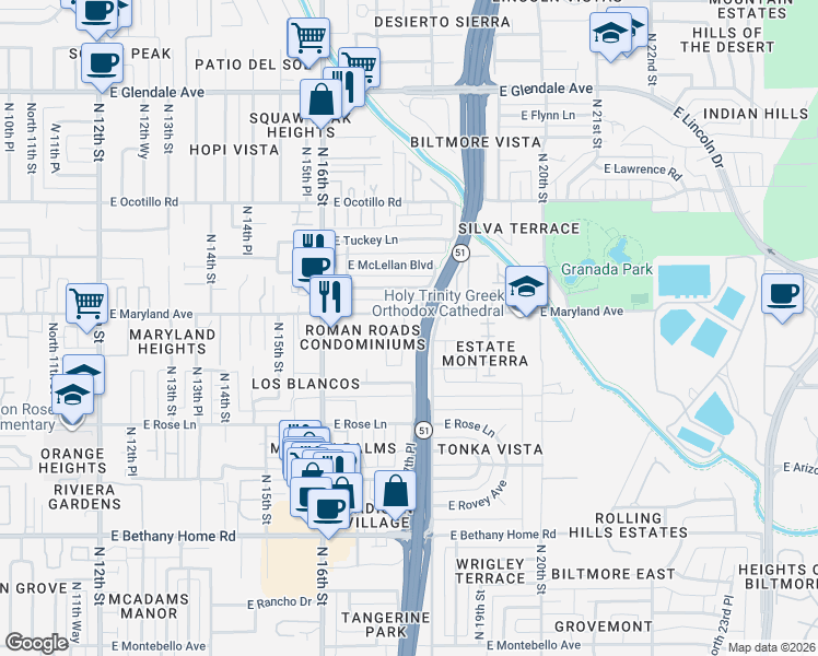 map of restaurants, bars, coffee shops, grocery stores, and more near 6455 North 17th Place in Phoenix