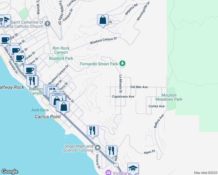 map of restaurants, bars, coffee shops, grocery stores, and more near 1135 Katella Street in Laguna Beach
