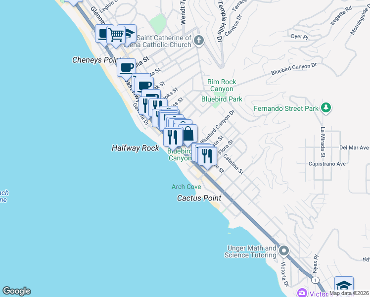 map of restaurants, bars, coffee shops, grocery stores, and more near 1540 South Coast Highway in Laguna Beach