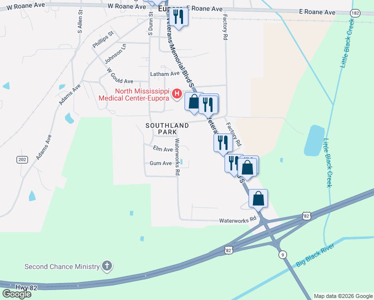 map of restaurants, bars, coffee shops, grocery stores, and more near 111 Waterworks Road in Eupora