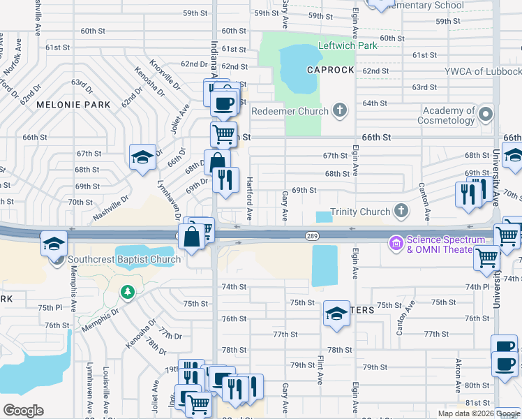 map of restaurants, bars, coffee shops, grocery stores, and more near 7002 Geneva Avenue in Lubbock