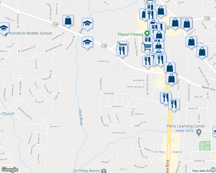 map of restaurants, bars, coffee shops, grocery stores, and more near 583 Hynds Springs Drive in Jonesboro