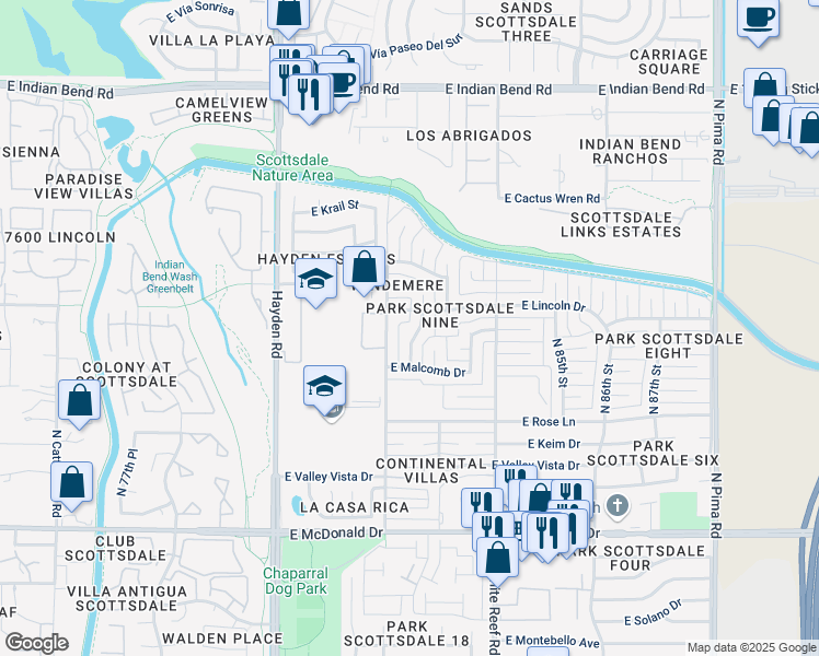 map of restaurants, bars, coffee shops, grocery stores, and more near 6419 North 82nd Way in Scottsdale