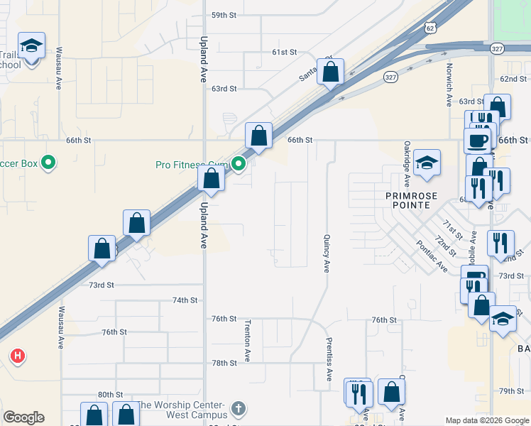 map of restaurants, bars, coffee shops, grocery stores, and more near 6802-6822 72nd Street in Lubbock
