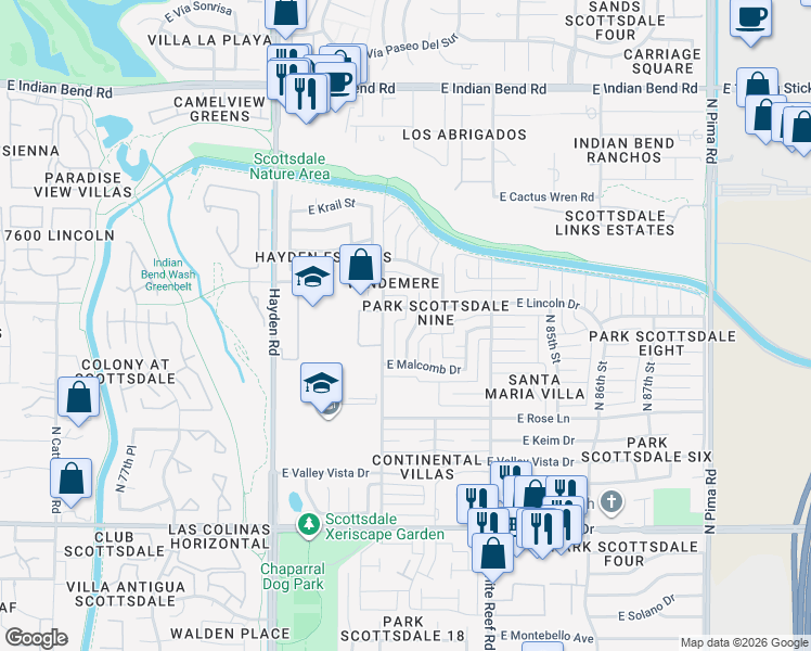map of restaurants, bars, coffee shops, grocery stores, and more near 6419 North 82nd Way in Scottsdale