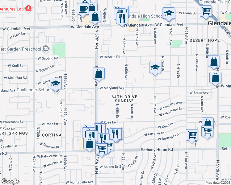 map of restaurants, bars, coffee shops, grocery stores, and more near 6422 North 65th Drive in Glendale