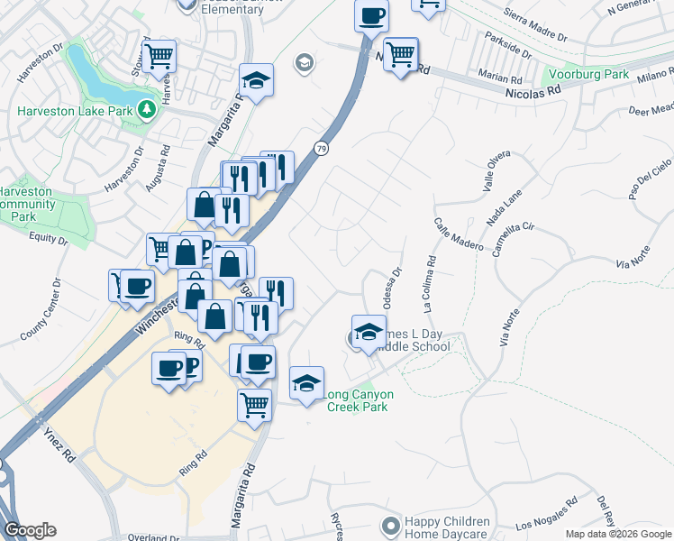 map of restaurants, bars, coffee shops, grocery stores, and more near 40250 Mimulus Way in Temecula