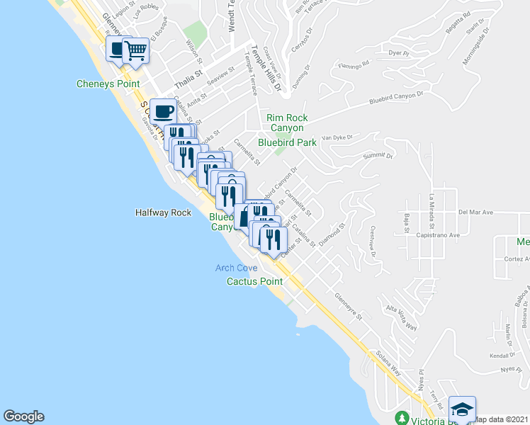 map of restaurants, bars, coffee shops, grocery stores, and more near 379 Bluebird Canyon Drive in Laguna Beach