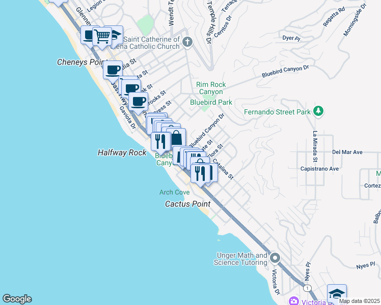 map of restaurants, bars, coffee shops, grocery stores, and more near 379 Bluebird Canyon Drive in Laguna Beach