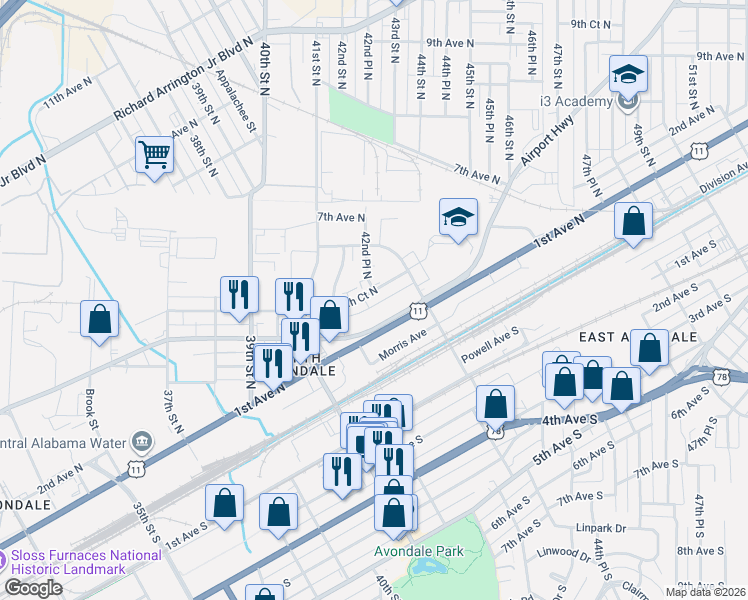 map of restaurants, bars, coffee shops, grocery stores, and more near 4184 5th Court North in Birmingham