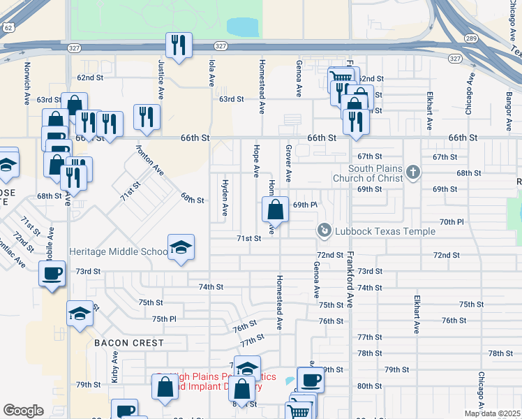 map of restaurants, bars, coffee shops, grocery stores, and more near 6903 Hope Avenue in Lubbock