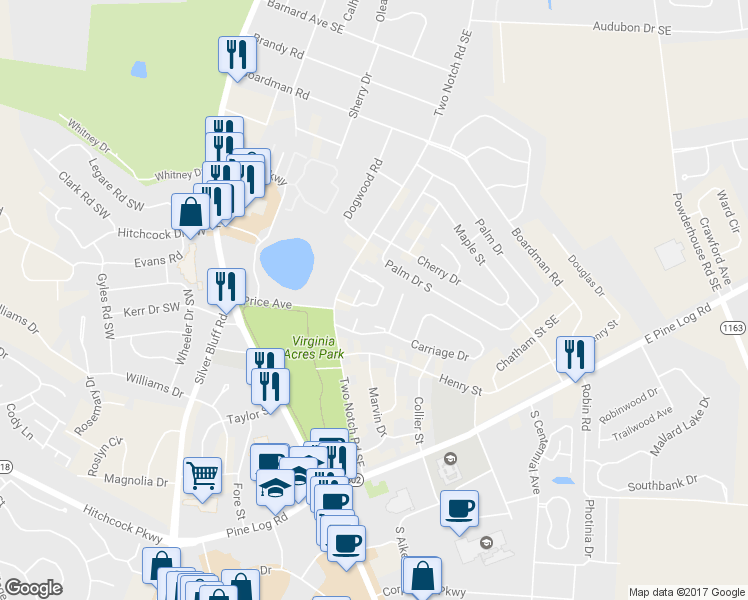 map of restaurants, bars, coffee shops, grocery stores, and more near 162 Kendallwood Court in Aiken
