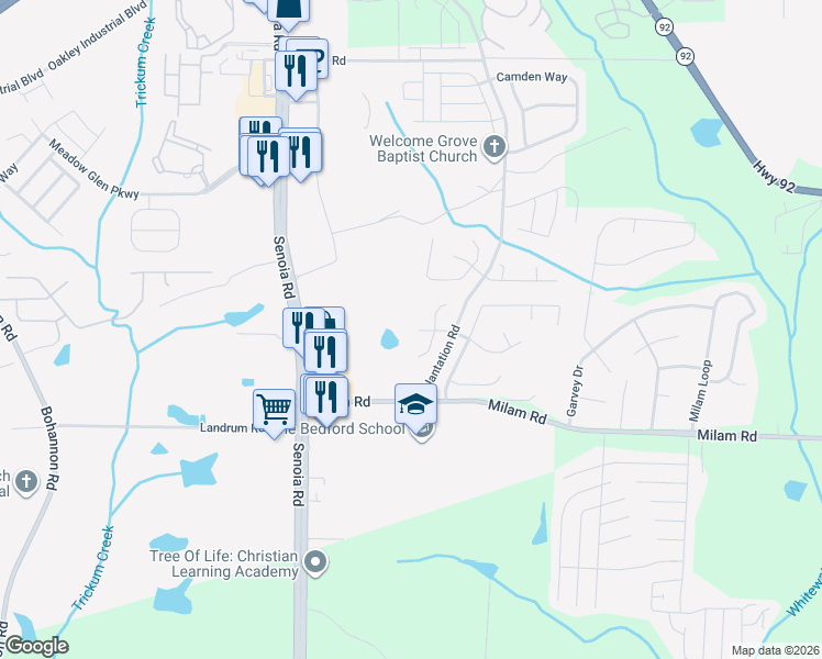 map of restaurants, bars, coffee shops, grocery stores, and more near 40 Honeysuckle Lane in Fairburn