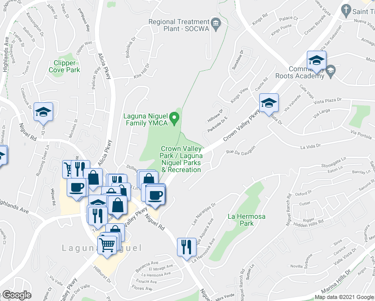 map of restaurants, bars, coffee shops, grocery stores, and more near 29731 Crown Valley Parkway in Laguna Niguel