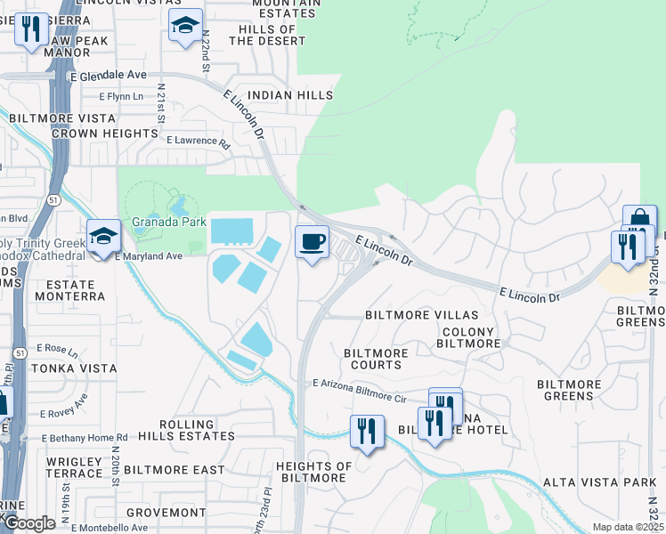 map of restaurants, bars, coffee shops, grocery stores, and more near 2423 East Lincoln Drive in Phoenix