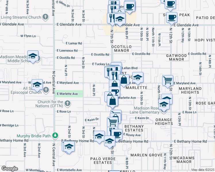 map of restaurants, bars, coffee shops, grocery stores, and more near in Phoenix