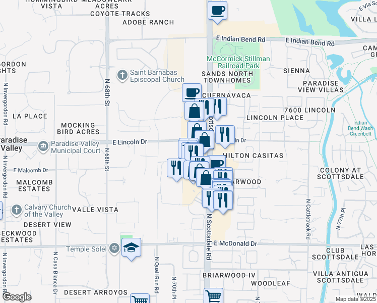 map of restaurants, bars, coffee shops, grocery stores, and more near 7141 East Lincoln Drive in Scottsdale