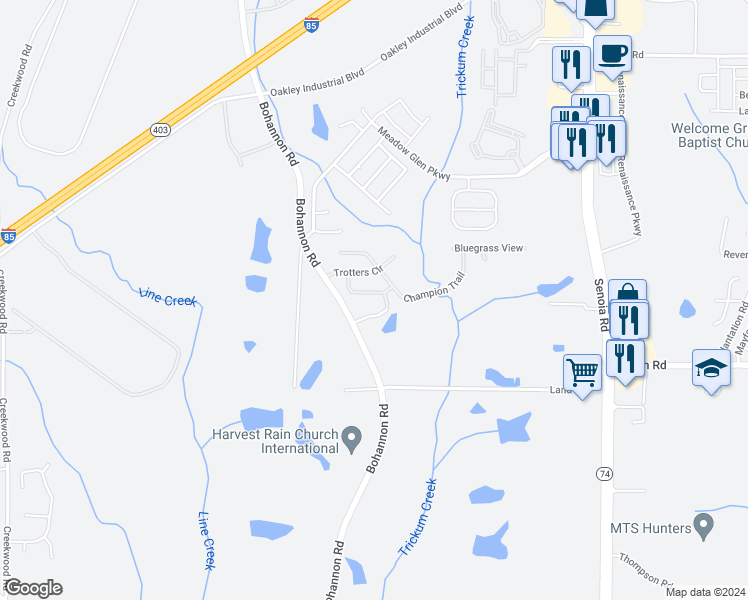 map of restaurants, bars, coffee shops, grocery stores, and more near 5998 Horseshoe Lane in Fairburn