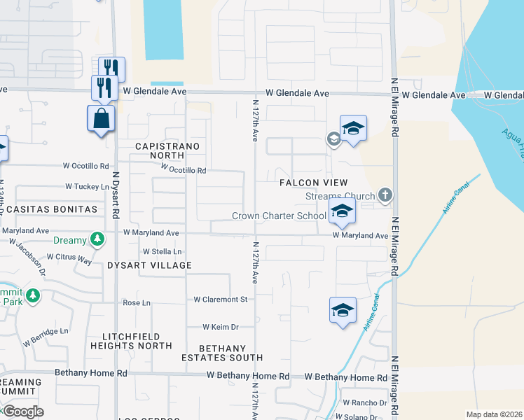 map of restaurants, bars, coffee shops, grocery stores, and more near 12634 West McLellan Road in Glendale
