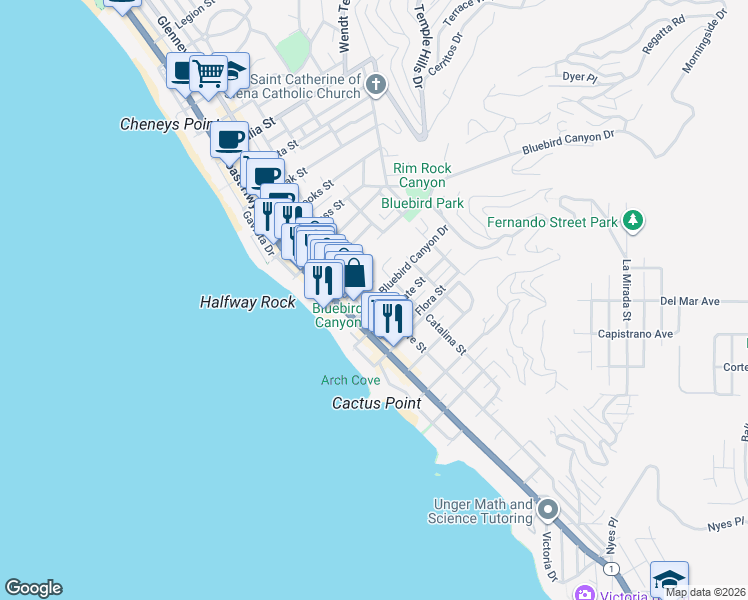 map of restaurants, bars, coffee shops, grocery stores, and more near Glenneyre Street & Bluebird Canyon Drive in Laguna Beach