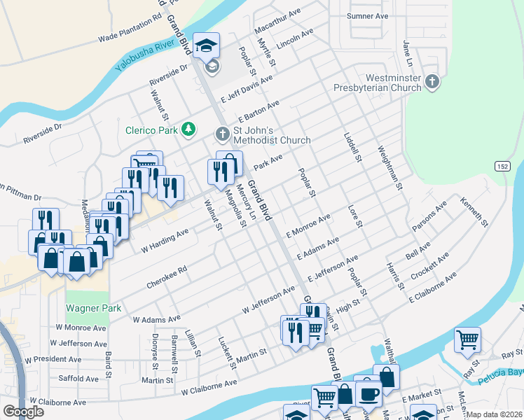 map of restaurants, bars, coffee shops, grocery stores, and more near 719 Grand Blvd in Greenwood