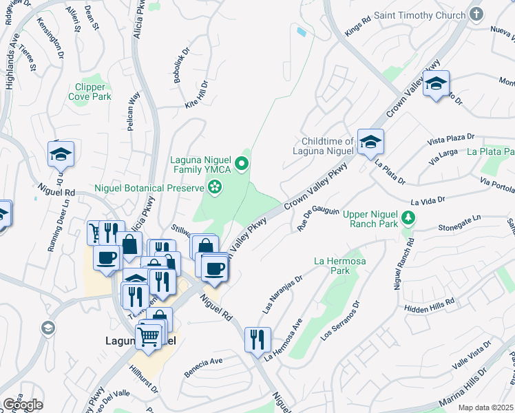 map of restaurants, bars, coffee shops, grocery stores, and more near 29731 Crown Valley Pkwy in Laguna Niguel