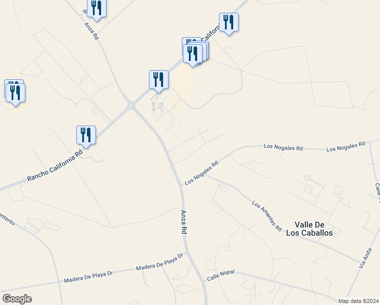 map of restaurants, bars, coffee shops, grocery stores, and more near Valle Toscana Court in Riverside County