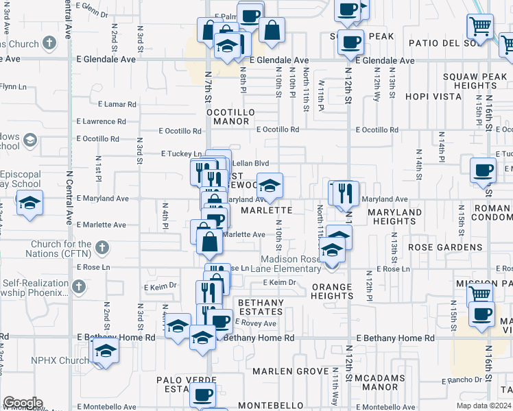 map of restaurants, bars, coffee shops, grocery stores, and more near 815 East Maryland Avenue in Phoenix