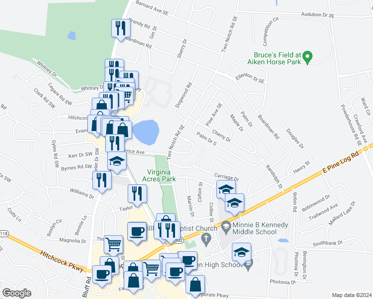 map of restaurants, bars, coffee shops, grocery stores, and more near 192 Kendallwood Court in Aiken