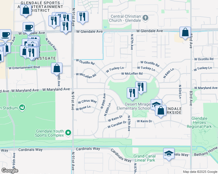map of restaurants, bars, coffee shops, grocery stores, and more near 8882 West Maryland Avenue in Glendale