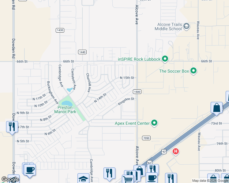 map of restaurants, bars, coffee shops, grocery stores, and more near 1310 Nottingham Avenue in Wolfforth