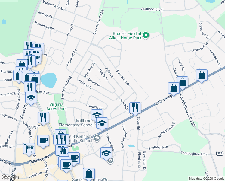 map of restaurants, bars, coffee shops, grocery stores, and more near 745 Maple Street in Aiken