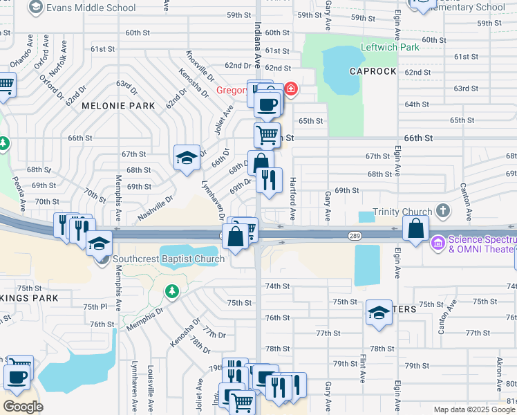 map of restaurants, bars, coffee shops, grocery stores, and more near 3398 70th Street in Lubbock