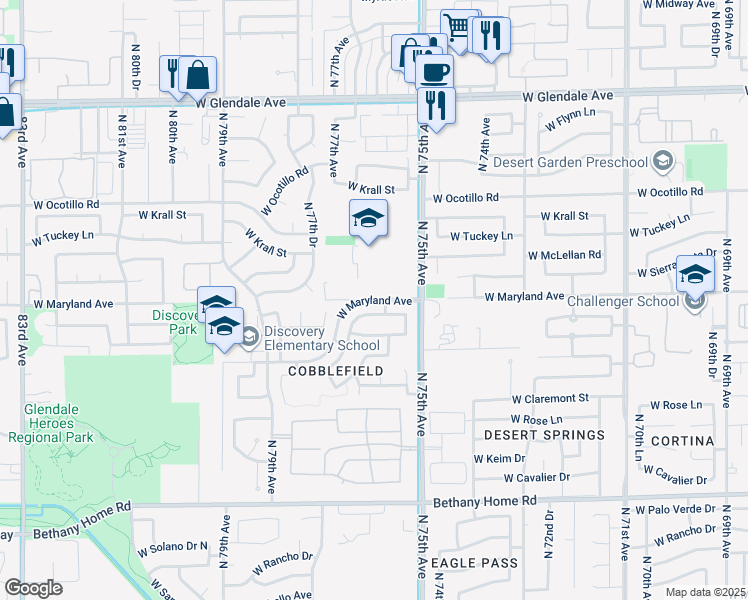 map of restaurants, bars, coffee shops, grocery stores, and more near West Maryland Avenue in Glendale