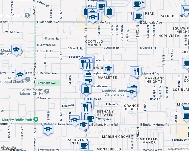 map of restaurants, bars, coffee shops, grocery stores, and more near 727 East Maryland Avenue in Phoenix