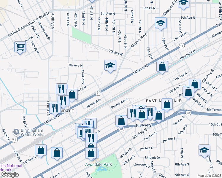 map of restaurants, bars, coffee shops, grocery stores, and more near 4450 Morris Avenue in Birmingham