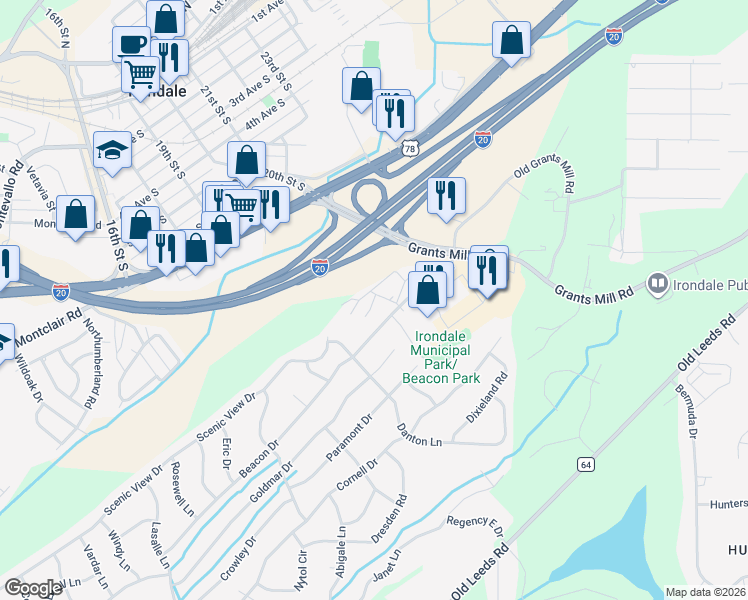 map of restaurants, bars, coffee shops, grocery stores, and more near 5320 Beacon Drive in Irondale