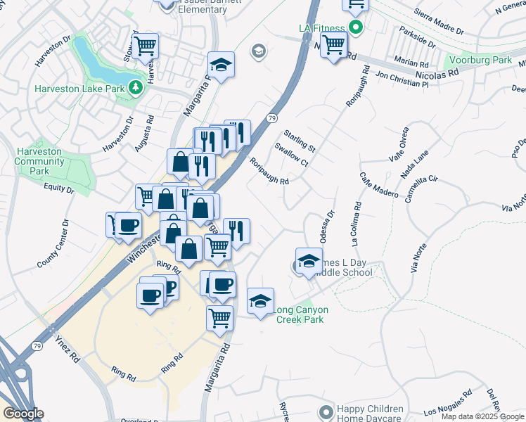 map of restaurants, bars, coffee shops, grocery stores, and more near 27512 Stanford Drive in Temecula