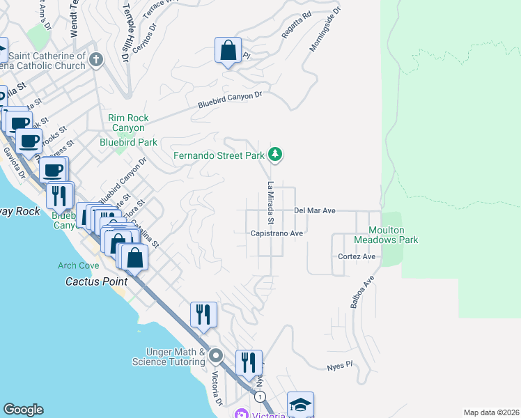 map of restaurants, bars, coffee shops, grocery stores, and more near 1135 Katella Street in Laguna Beach