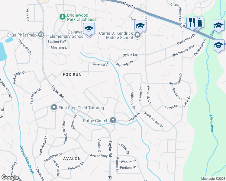 map of restaurants, bars, coffee shops, grocery stores, and more near 8184 Dunellen Lane in Jonesboro