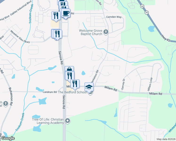 map of restaurants, bars, coffee shops, grocery stores, and more near 40 Honeysuckle Lane in Fairburn