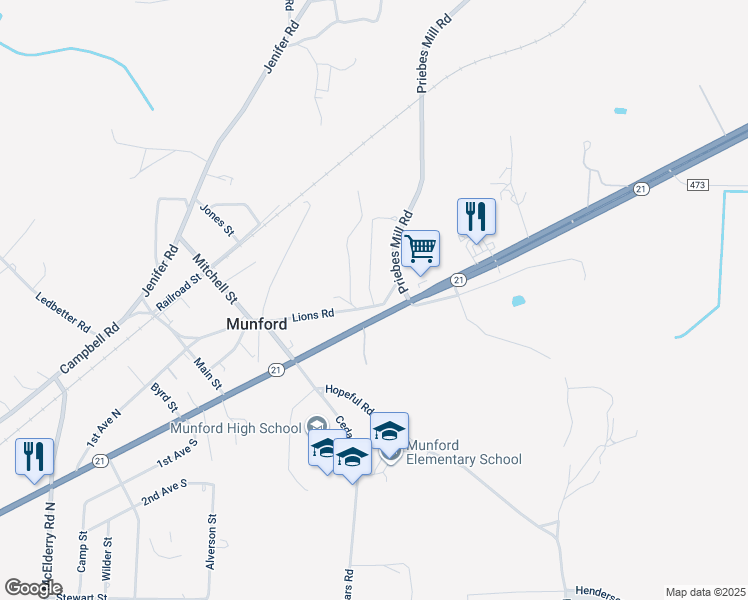 map of restaurants, bars, coffee shops, grocery stores, and more near 498 Lions Road in Munford
