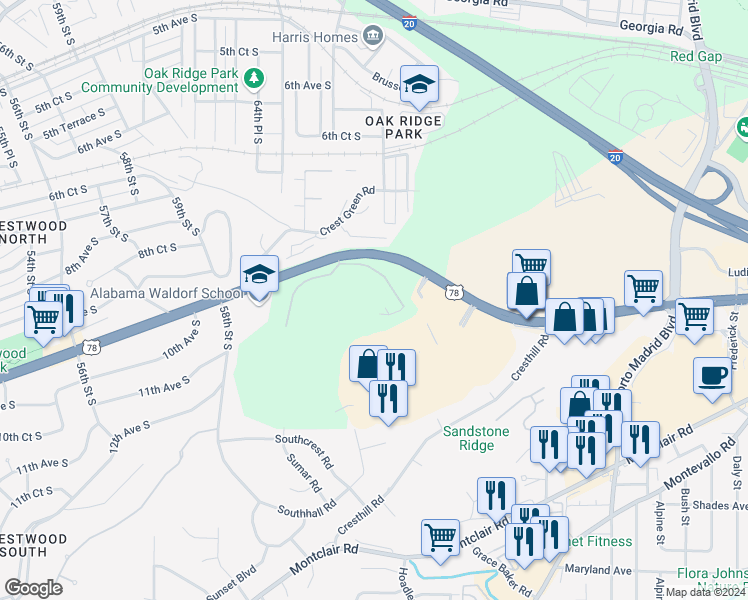 map of restaurants, bars, coffee shops, grocery stores, and more near 1018 Eagle View Drive in Birmingham