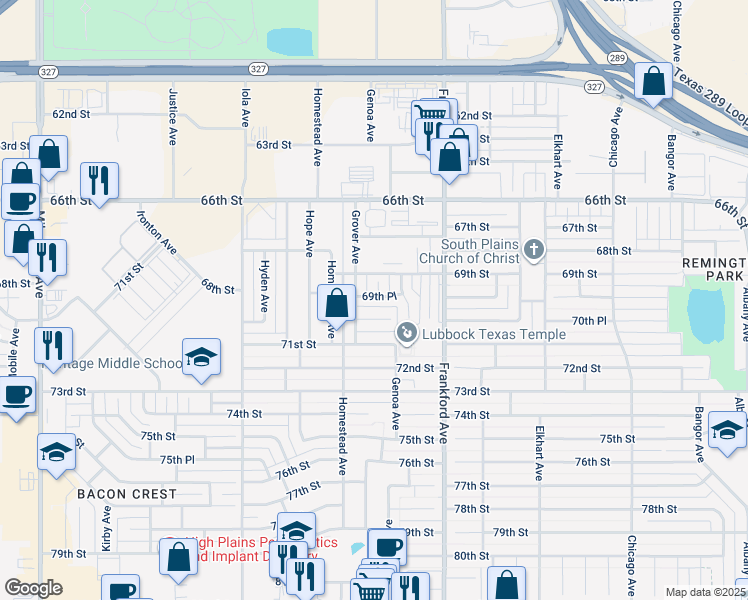 map of restaurants, bars, coffee shops, grocery stores, and more near 6908 Genoa Avenue in Lubbock
