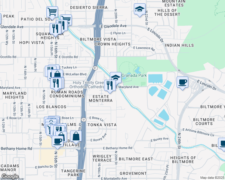 map of restaurants, bars, coffee shops, grocery stores, and more near 1973 East Maryland Avenue in Phoenix