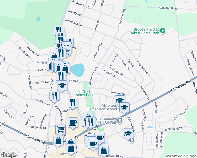 map of restaurants, bars, coffee shops, grocery stores, and more near 190 Kendallwood Court in Aiken